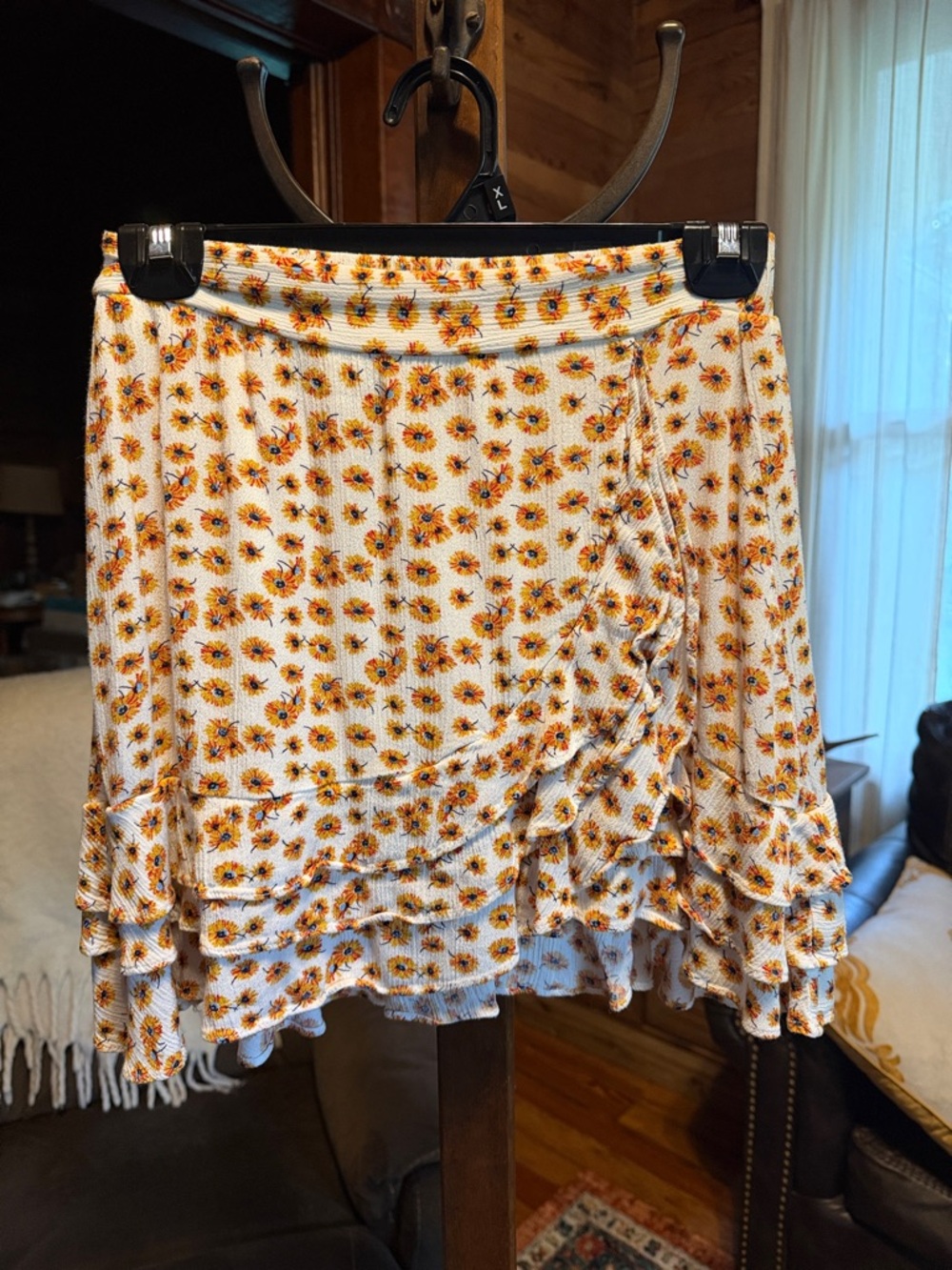 Sunflower Print White Ruffle Skater Skirt